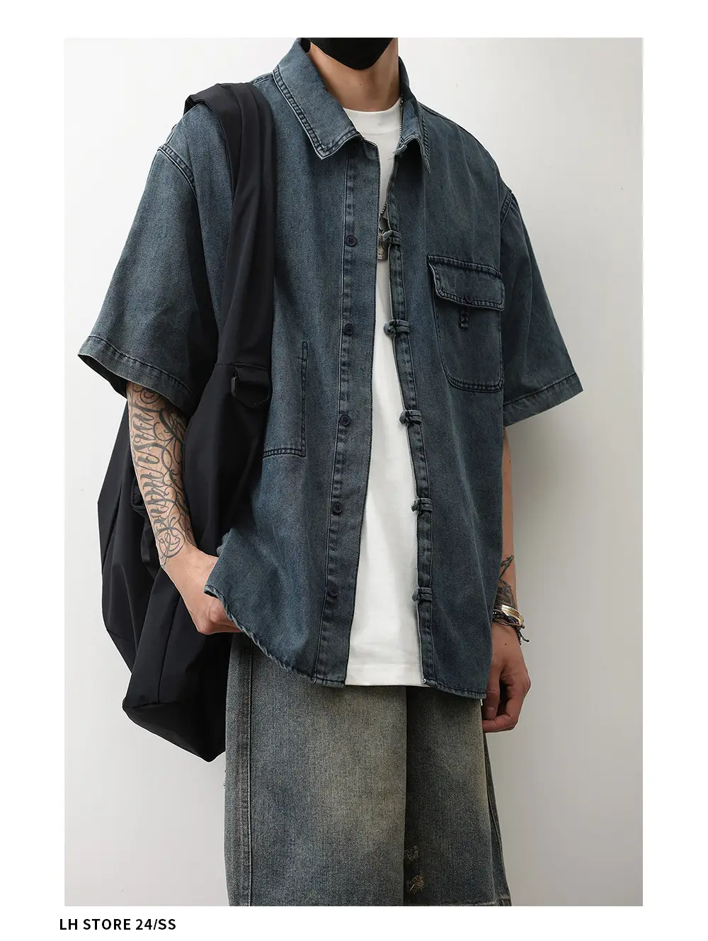 Denim Short Sleeve Shirt Dark Blue Men's Summer Wear — feature 11