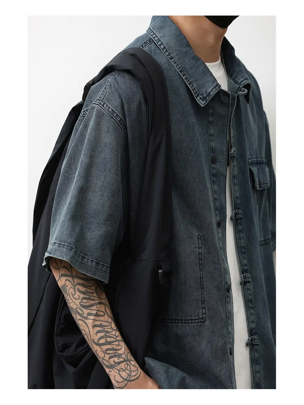 Denim Short Sleeve Shirt Dark Blue Men's Summer Wear — feature 12