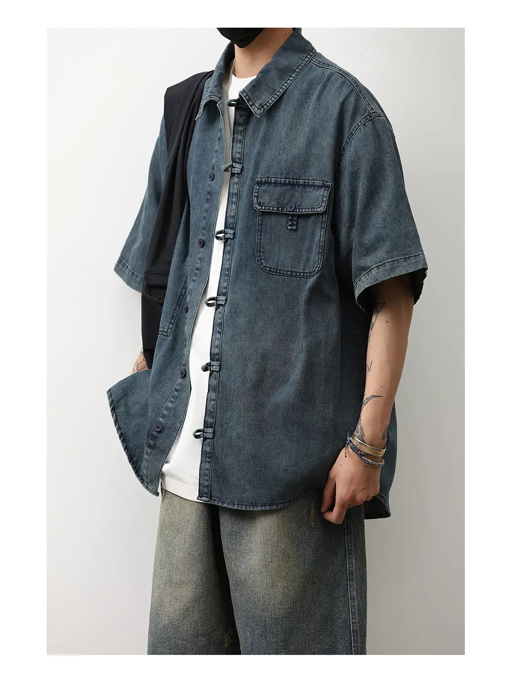 Denim Short Sleeve Shirt Dark Blue Men's Summer Wear — feature 7