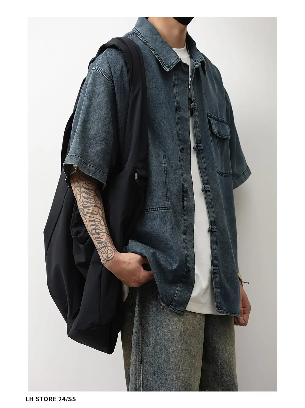 Denim Short Sleeve Shirt Dark Blue Men's Summer Wear — feature 8
