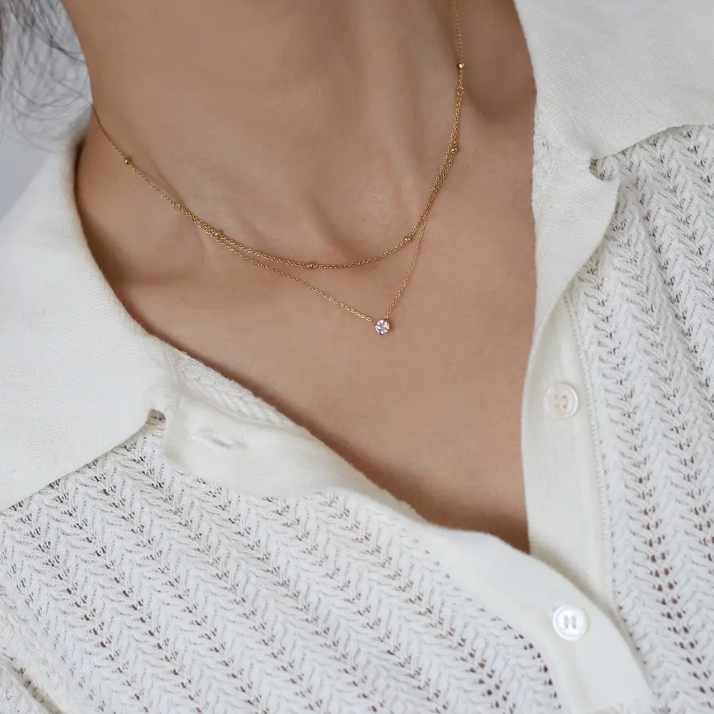 Gold Double Layer Necklace with Single Diamond Pendant - Image 3
