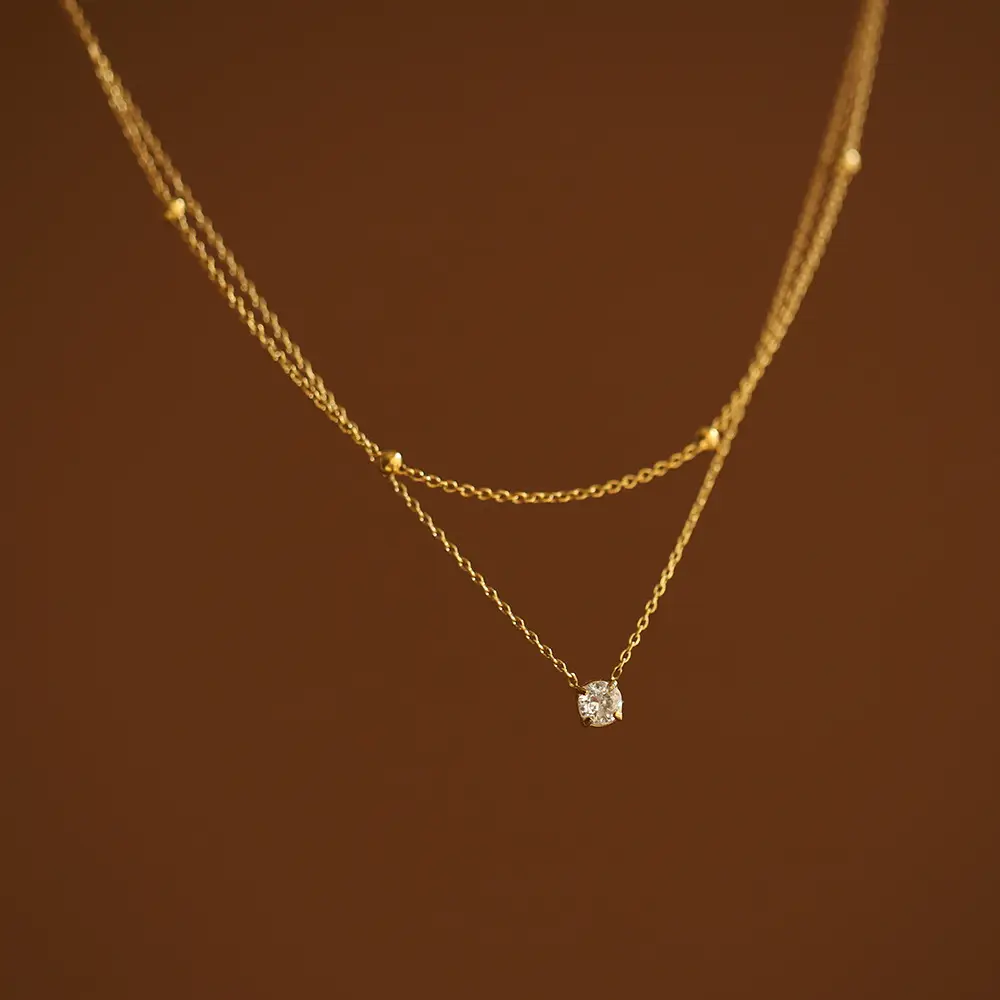 Gold Double Layer Necklace with Single Diamond Pendant - Image 4