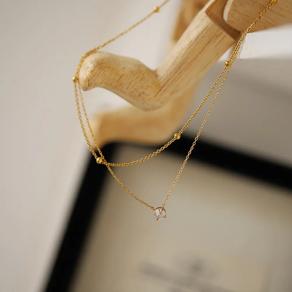 Gold Double Layer Necklace with Single Diamond Pendant - Image 5