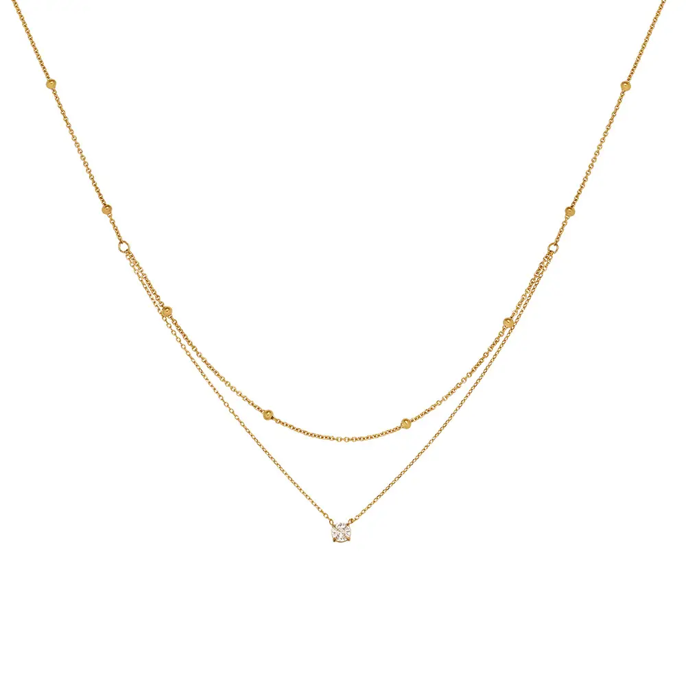 Gold Double Layer Necklace with Single Diamond Pendant - Image 6