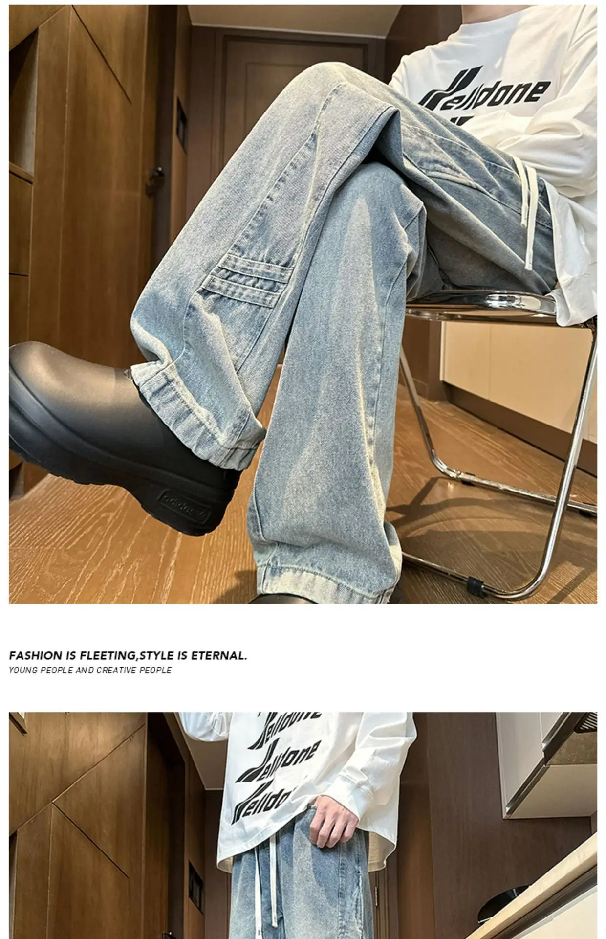 Men's American Style Wash & Wear Jeans Light Blue Loose Fit — feature 2