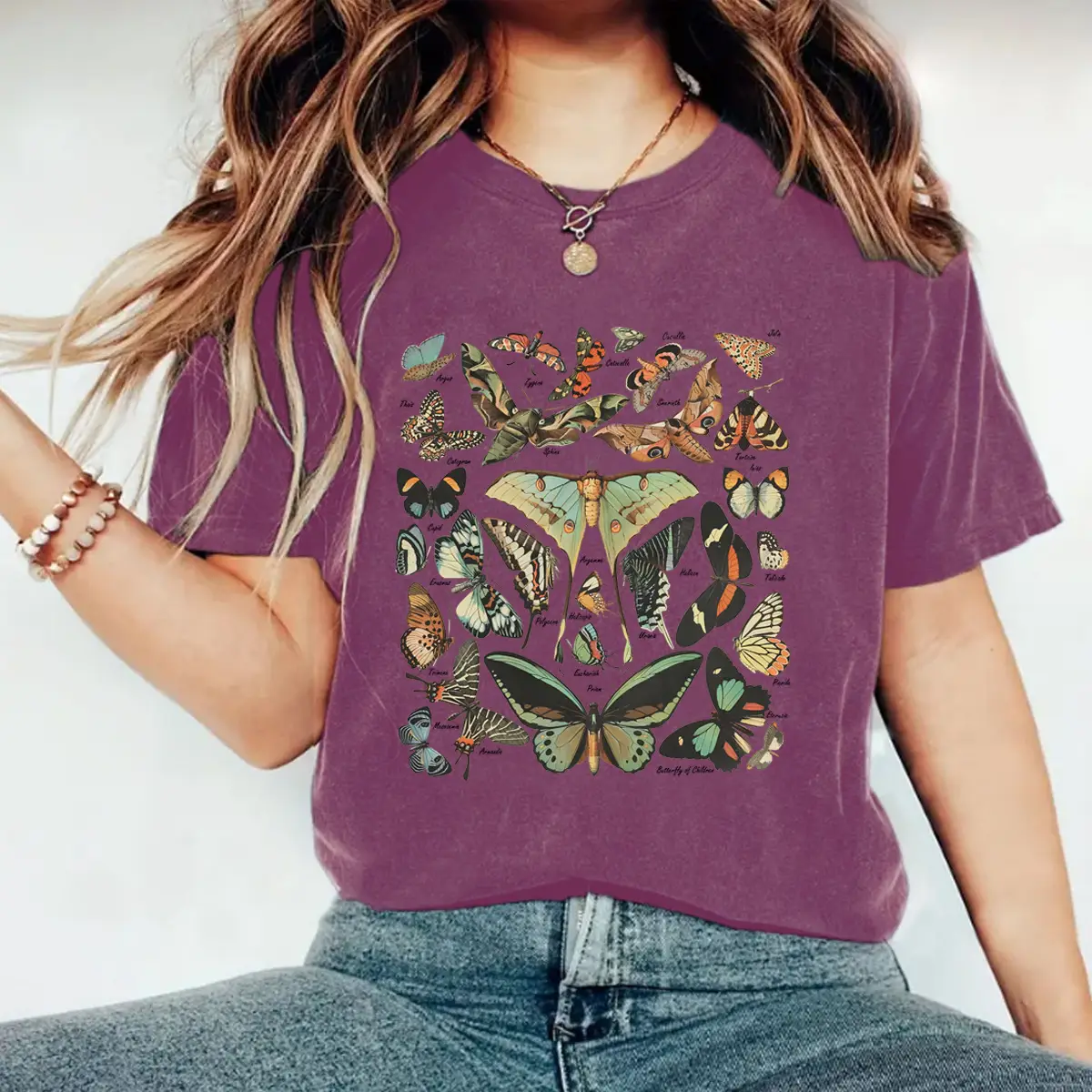 Women Butterfly Print Round Neck T-Shirt Brown Short Sleeve - Image 3