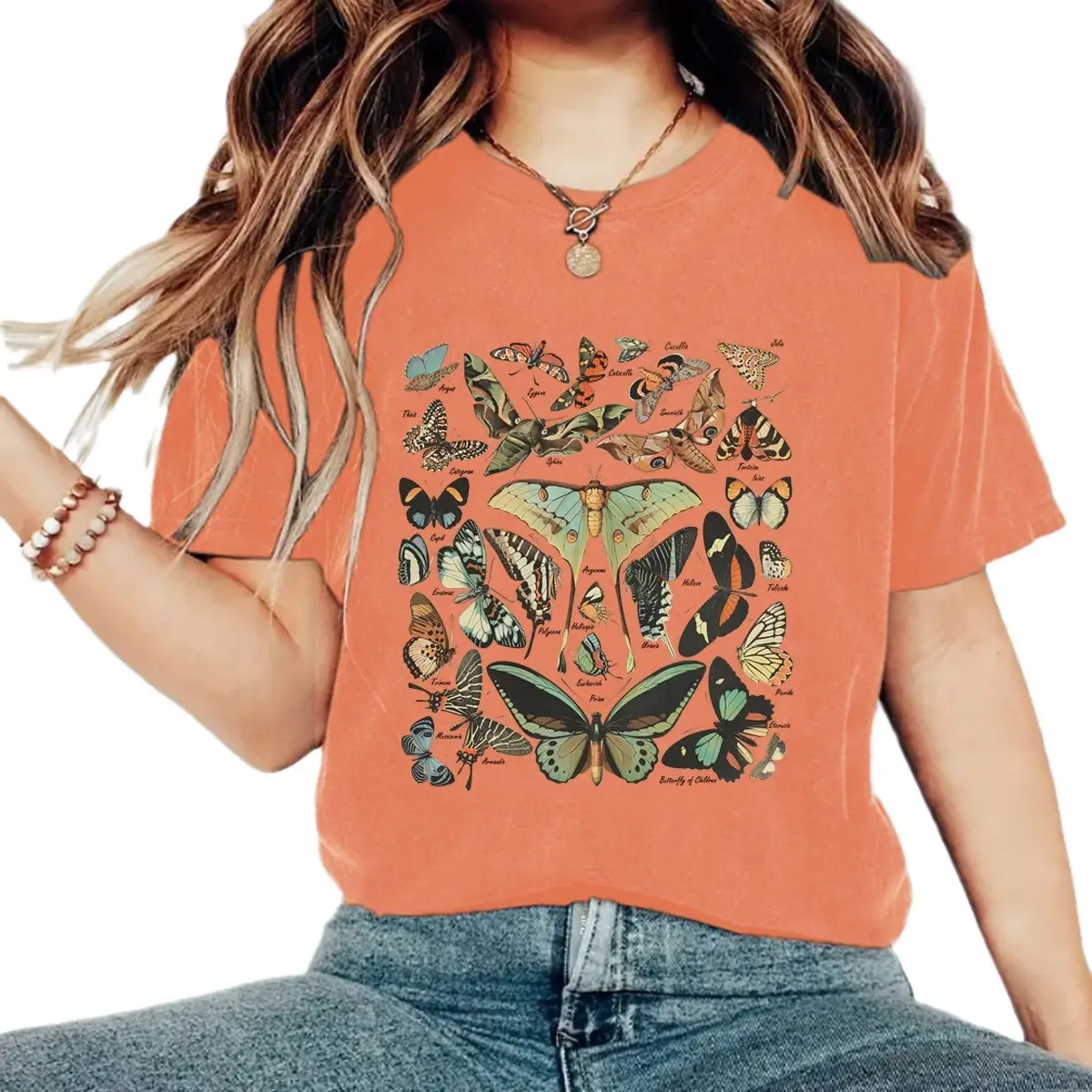 Women Butterfly Print Round Neck T-Shirt Brown Short Sleeve - Image 7