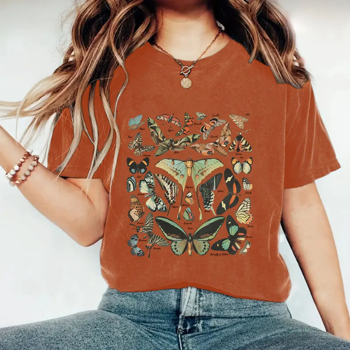 Women Butterfly Print Round Neck T-Shirt Brown Short Sleeve - Image 6