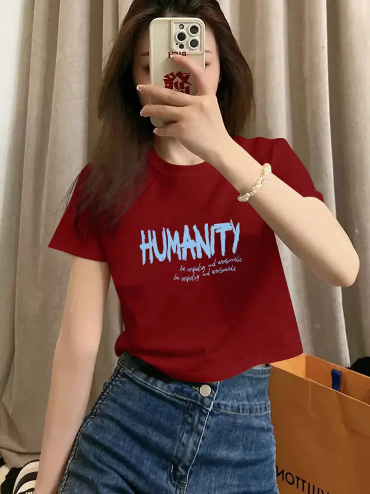 Pure Cotton Short-Sleeved T-Shirt for Women, Summer New Style, High-Waisted, Short-Cut, Hot Girl Style, Slim Fit, Round Neck Bottoming Shirt for Small People