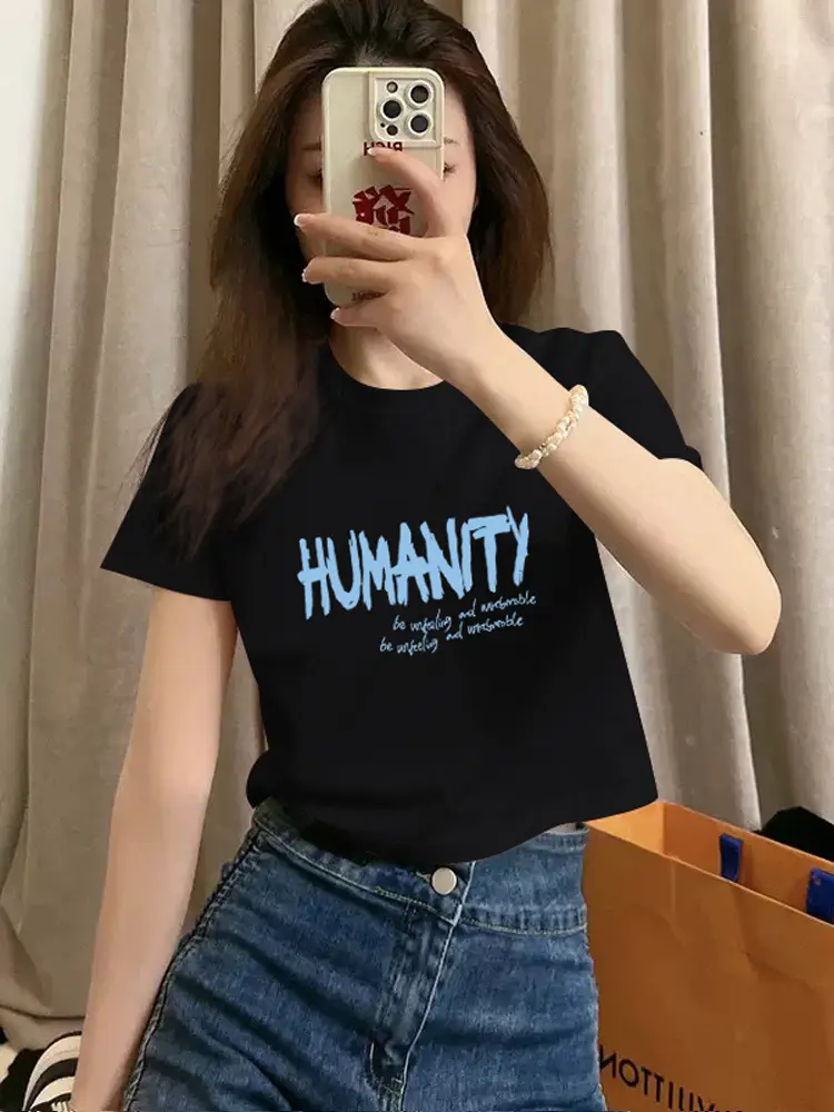 Pure Cotton Short-Sleeved T-Shirt for Women, Summer New Style, High-Waisted, Short-Cut, Hot Girl Style, Slim Fit, Round Neck Bottoming Shirt for Small People
