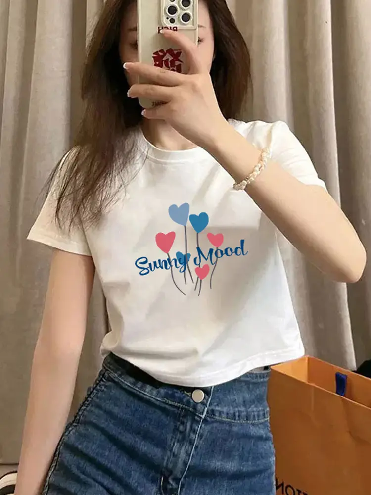 Pure Cotton Short-Sleeved T-Shirt for Women, Summer New Style, High-Waisted, Short-Cut, Hot Girl Style, Slim Fit, Round Neck Bottoming Shirt for Small People