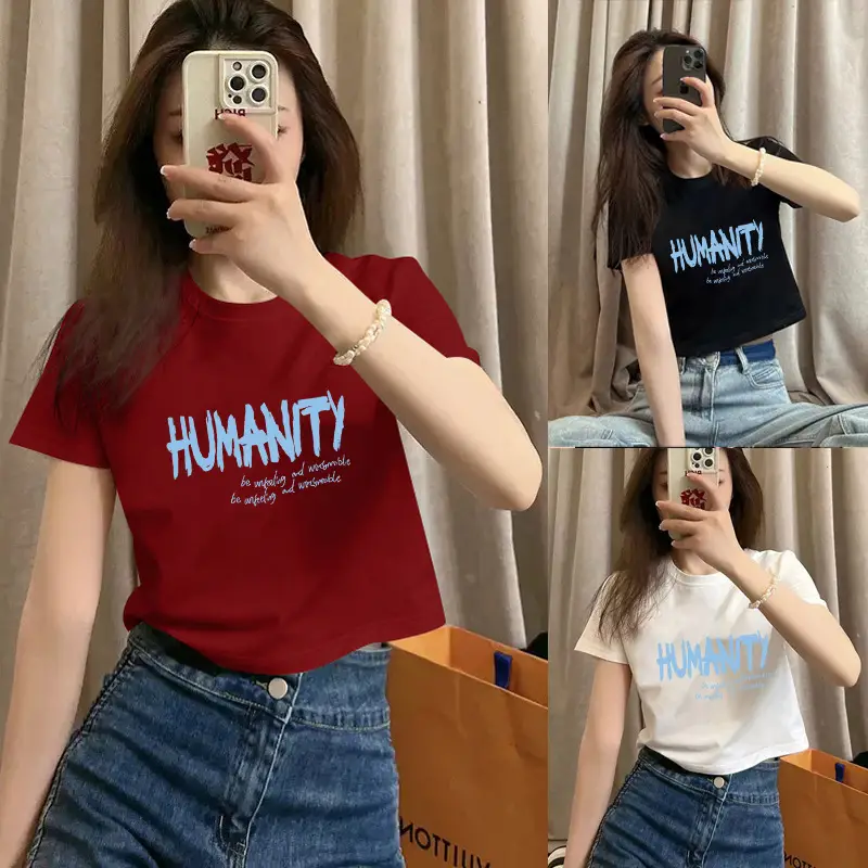 Pure Cotton Short-Sleeved T-Shirt for Women, Summer New Style, High-Waisted, Short-Cut, Hot Girl Style, Slim Fit, Round Neck Bottoming Shirt for Small People — feature 1