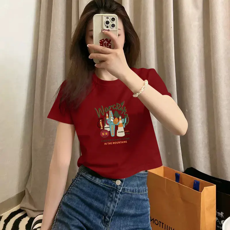 Pure Cotton Short-Sleeved T-Shirt for Women, Summer New Style, High-Waisted, Short-Cut, Hot Girl Style, Slim Fit, Round Neck Bottoming Shirt for Small People — feature 15