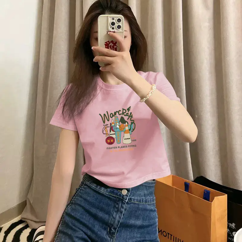 Pure Cotton Short-Sleeved T-Shirt for Women, Summer New Style, High-Waisted, Short-Cut, Hot Girl Style, Slim Fit, Round Neck Bottoming Shirt for Small People — feature 18