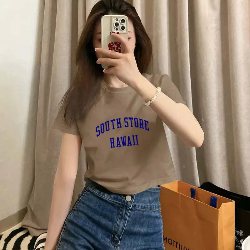 Pure Cotton Short-Sleeved T-Shirt for Women, Summer New Style, High-Waisted, Short-Cut, Hot Girl Style, Slim Fit, Round Neck Bottoming Shirt for Small People — feature 28