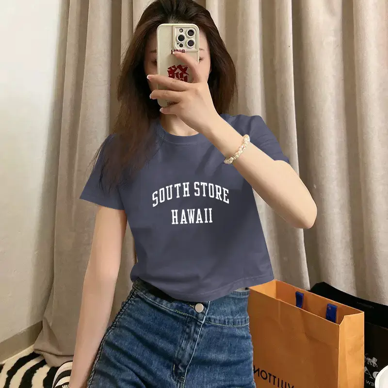 Pure Cotton Short-Sleeved T-Shirt for Women, Summer New Style, High-Waisted, Short-Cut, Hot Girl Style, Slim Fit, Round Neck Bottoming Shirt for Small People — feature 29