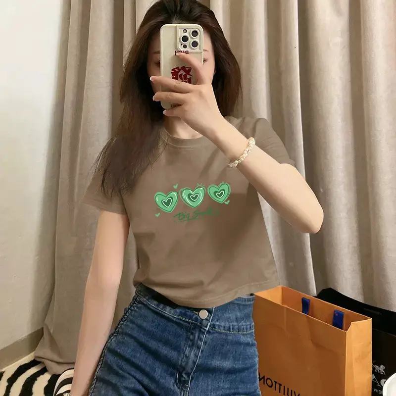 Pure Cotton Short-Sleeved T-Shirt for Women, Summer New Style, High-Waisted, Short-Cut, Hot Girl Style, Slim Fit, Round Neck Bottoming Shirt for Small People