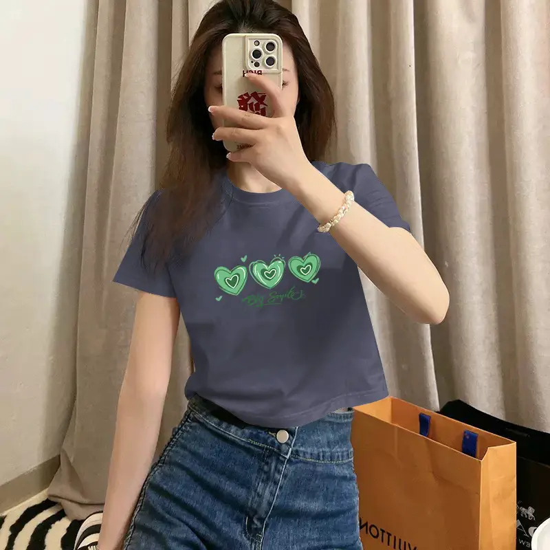 Pure Cotton Short-Sleeved T-Shirt for Women, Summer New Style, High-Waisted, Short-Cut, Hot Girl Style, Slim Fit, Round Neck Bottoming Shirt for Small People