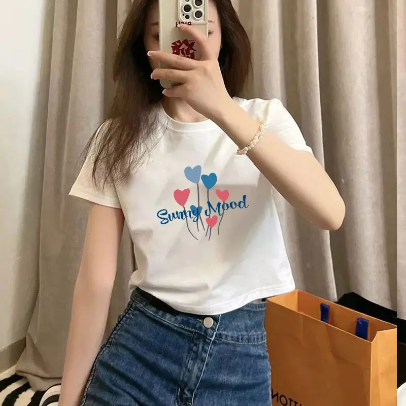 Pure Cotton Short-Sleeved T-Shirt for Women, Summer New Style, High-Waisted, Short-Cut, Hot Girl Style, Slim Fit, Round Neck Bottoming Shirt for Small People