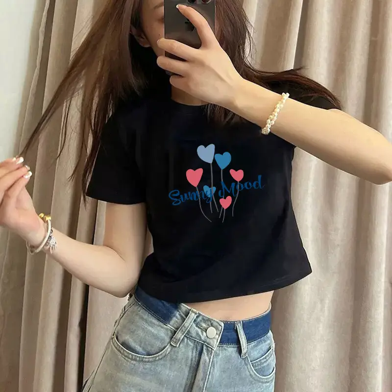 Pure Cotton Short-Sleeved T-Shirt for Women, Summer New Style, High-Waisted, Short-Cut, Hot Girl Style, Slim Fit, Round Neck Bottoming Shirt for Small People