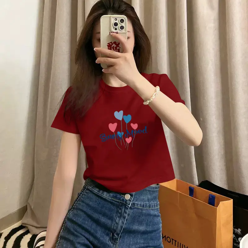 Pure Cotton Short-Sleeved T-Shirt for Women, Summer New Style, High-Waisted, Short-Cut, Hot Girl Style, Slim Fit, Round Neck Bottoming Shirt for Small People
