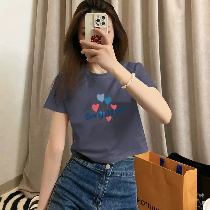 Pure Cotton Short-Sleeved T-Shirt for Women, Summer New Style, High-Waisted, Short-Cut, Hot Girl Style, Slim Fit, Round Neck Bottoming Shirt for Small People