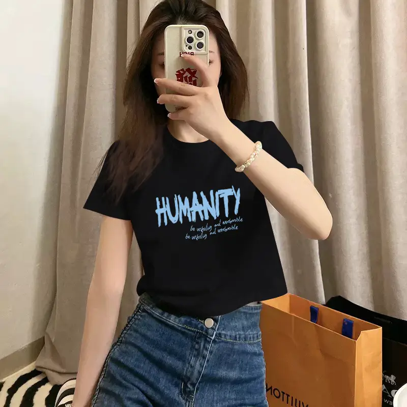 Pure Cotton Short-Sleeved T-Shirt for Women, Summer New Style, High-Waisted, Short-Cut, Hot Girl Style, Slim Fit, Round Neck Bottoming Shirt for Small People