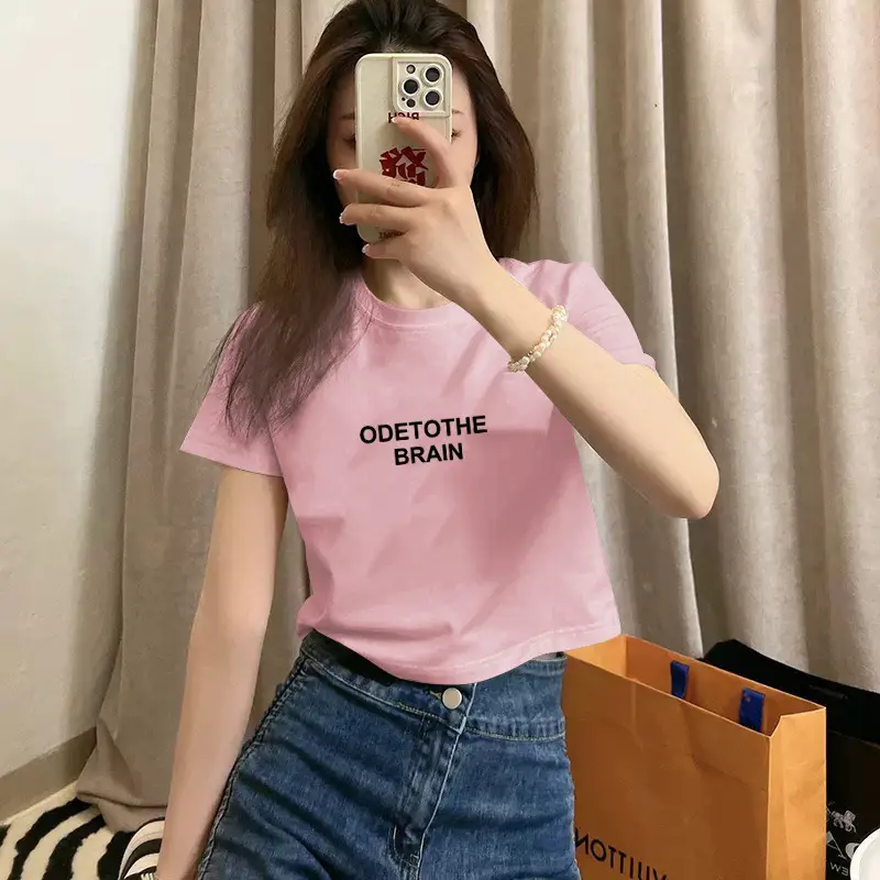 Pure Cotton Short-Sleeved T-Shirt for Women, Summer New Style, High-Waisted, Short-Cut, Hot Girl Style, Slim Fit, Round Neck Bottoming Shirt for Small People