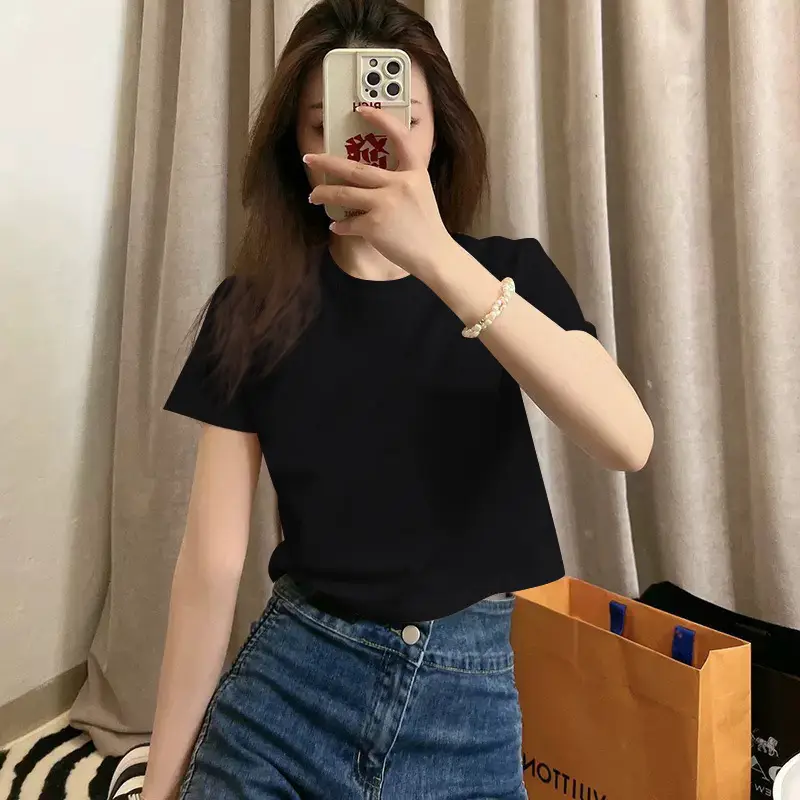 Pure Cotton Short-Sleeved T-Shirt for Women, Summer New Style, High-Waisted, Short-Cut, Hot Girl Style, Slim Fit, Round Neck Bottoming Shirt for Small People