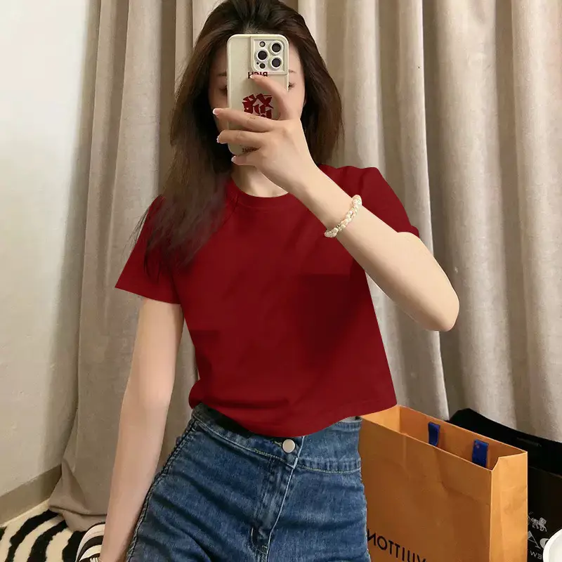 Pure Cotton Short-Sleeved T-Shirt for Women, Summer New Style, High-Waisted, Short-Cut, Hot Girl Style, Slim Fit, Round Neck Bottoming Shirt for Small People