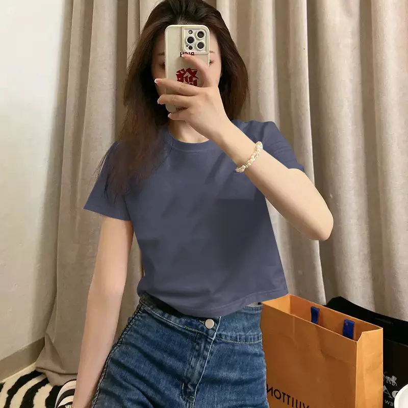 Pure Cotton Short-Sleeved T-Shirt for Women, Summer New Style, High-Waisted, Short-Cut, Hot Girl Style, Slim Fit, Round Neck Bottoming Shirt for Small People