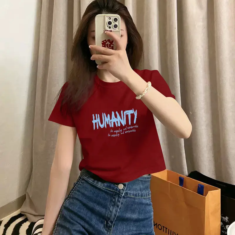 Pure Cotton Short-Sleeved T-Shirt for Women, Summer New Style, High-Waisted, Short-Cut, Hot Girl Style, Slim Fit, Round Neck Bottoming Shirt for Small People