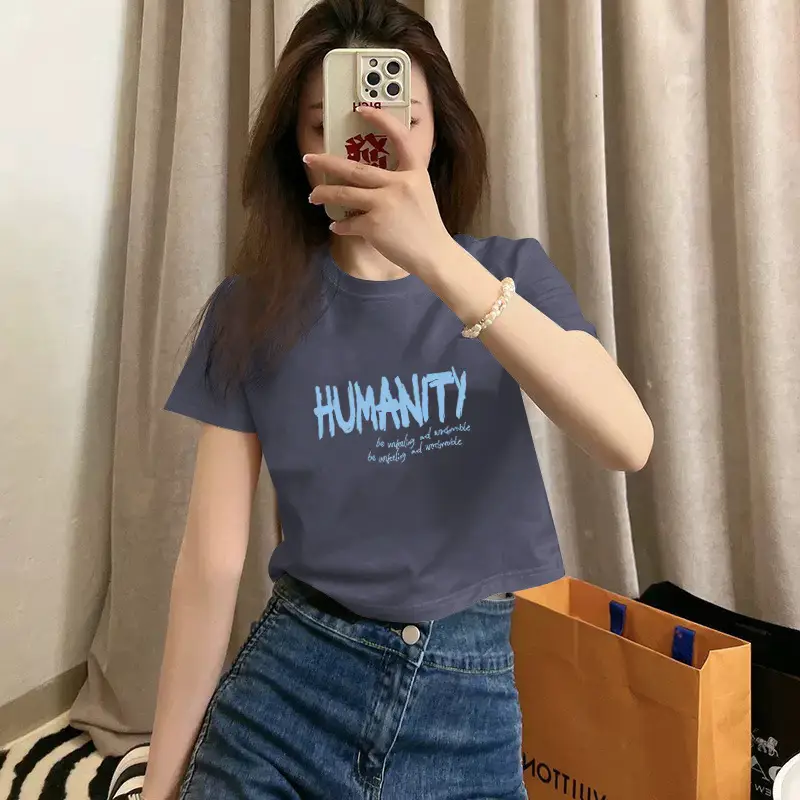 Pure Cotton Short-Sleeved T-Shirt for Women, Summer New Style, High-Waisted, Short-Cut, Hot Girl Style, Slim Fit, Round Neck Bottoming Shirt for Small People