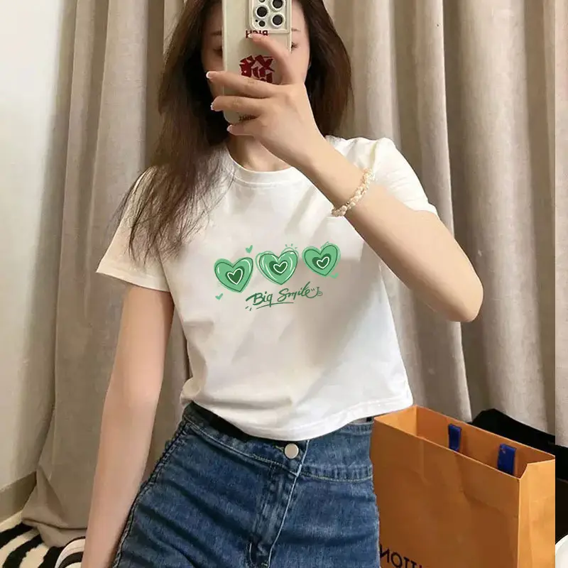 Pure Cotton Short-Sleeved T-Shirt for Women, Summer New Style, High-Waisted, Short-Cut, Hot Girl Style, Slim Fit, Round Neck Bottoming Shirt for Small People