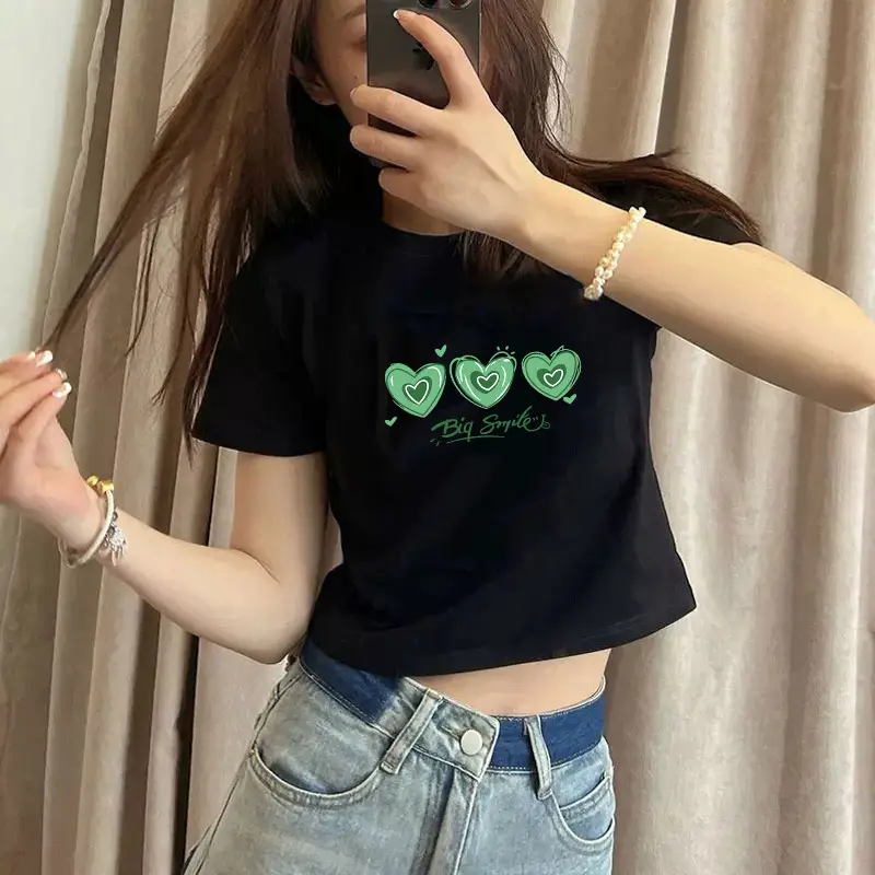 Pure Cotton Short-Sleeved T-Shirt for Women, Summer New Style, High-Waisted, Short-Cut, Hot Girl Style, Slim Fit, Round Neck Bottoming Shirt for Small People