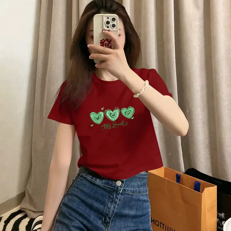 Pure Cotton Short-Sleeved T-Shirt for Women, Summer New Style, High-Waisted, Short-Cut, Hot Girl Style, Slim Fit, Round Neck Bottoming Shirt for Small People