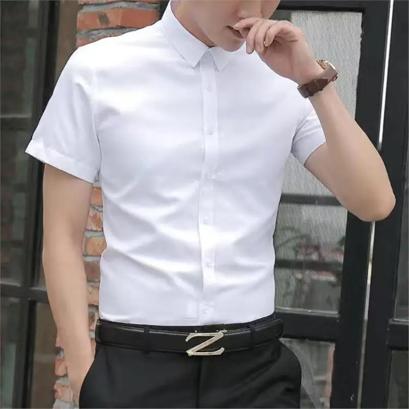 Men's Slim Fit Pure White Short Sleeve Shirt - Image 9