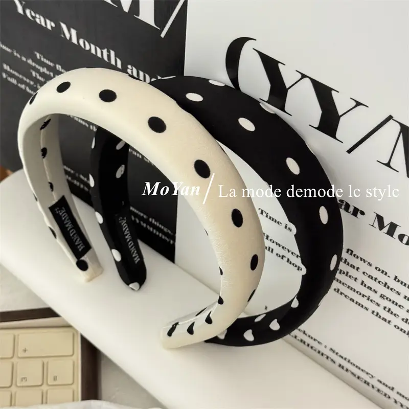 Lazy Retro Satin Wave Dot Headband Black White — feature 13