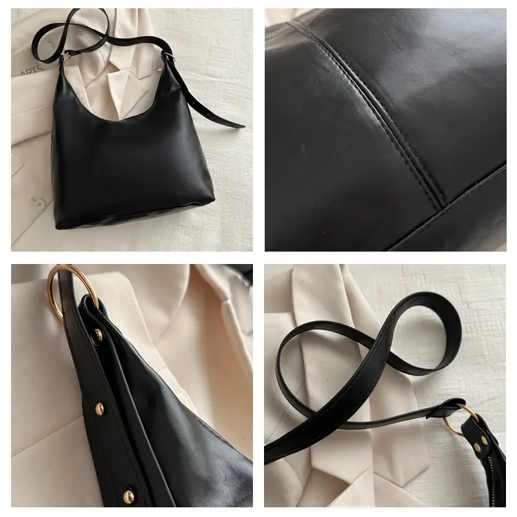 Retro Korean Style Armpit Tote Bag Large Capacity Black Leather — feature 9