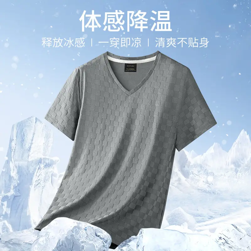 Men Ice Silk Checkerboard V-Neck T-Shirt Grey - Image 9