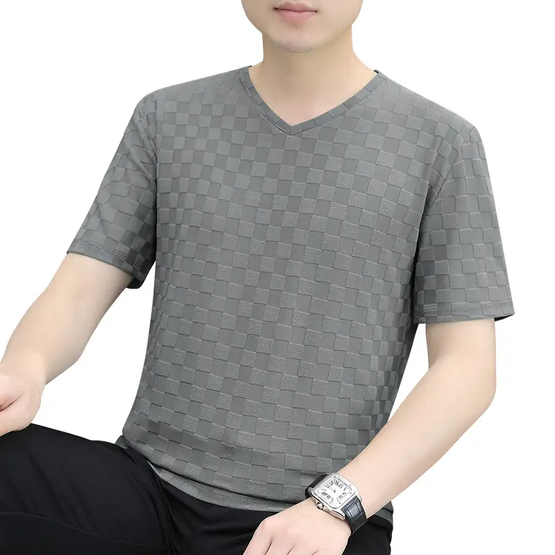 Men Ice Silk Checkerboard V-Neck T-Shirt Grey - Image 11