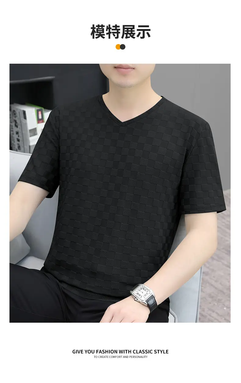 Men Ice Silk Checkerboard V-Neck T-Shirt Grey — feature 15