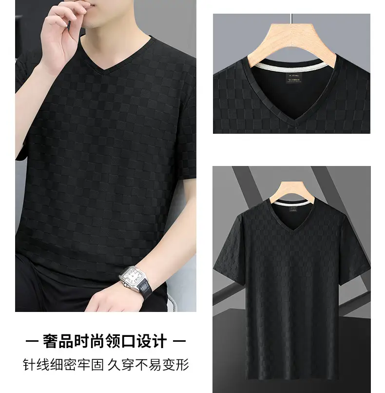 Men Ice Silk Checkerboard V-Neck T-Shirt Grey — feature 16