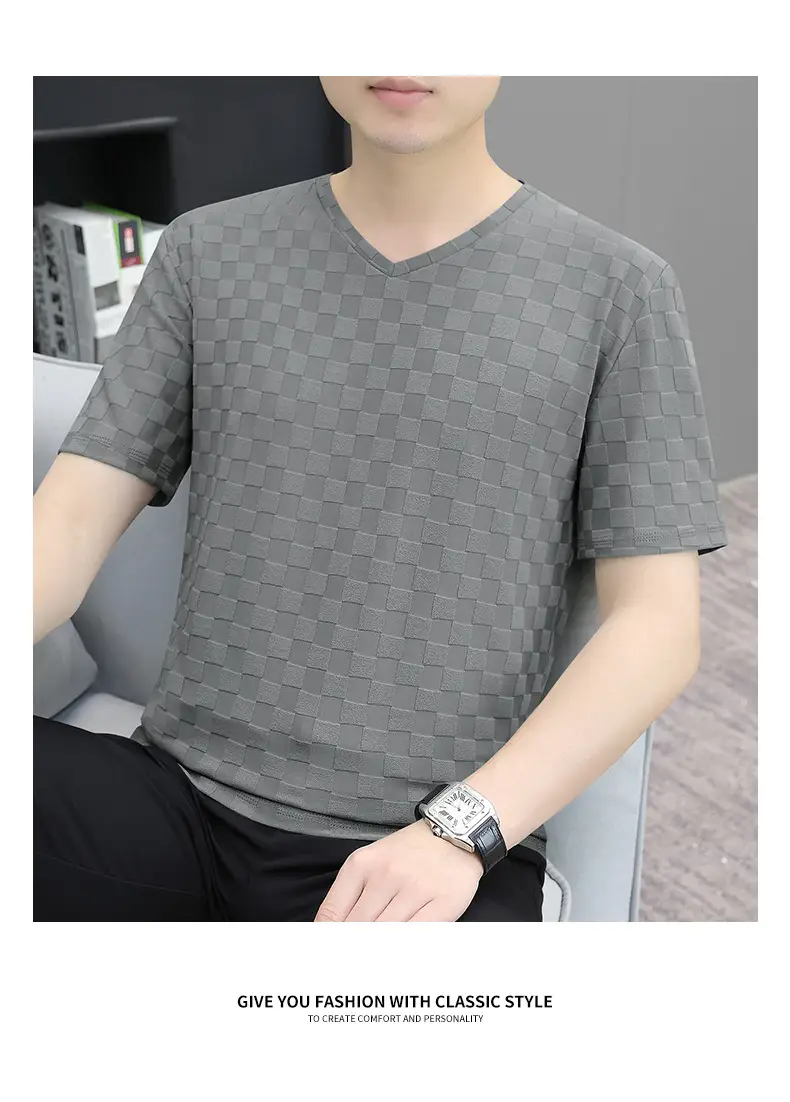 Men Ice Silk Checkerboard V-Neck T-Shirt Grey — feature 17