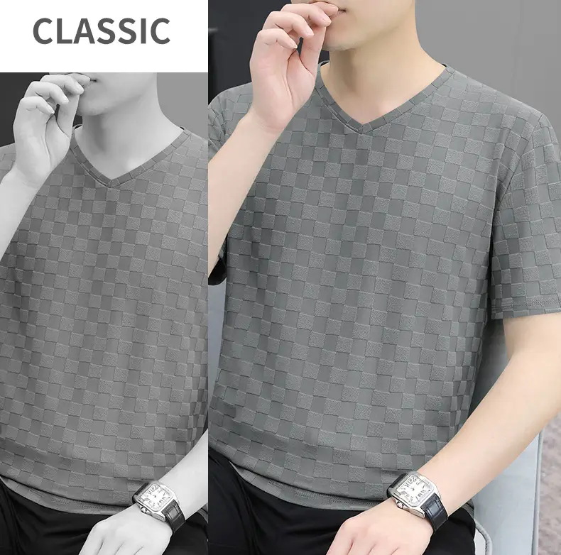 Men Ice Silk Checkerboard V-Neck T-Shirt Grey — feature 18
