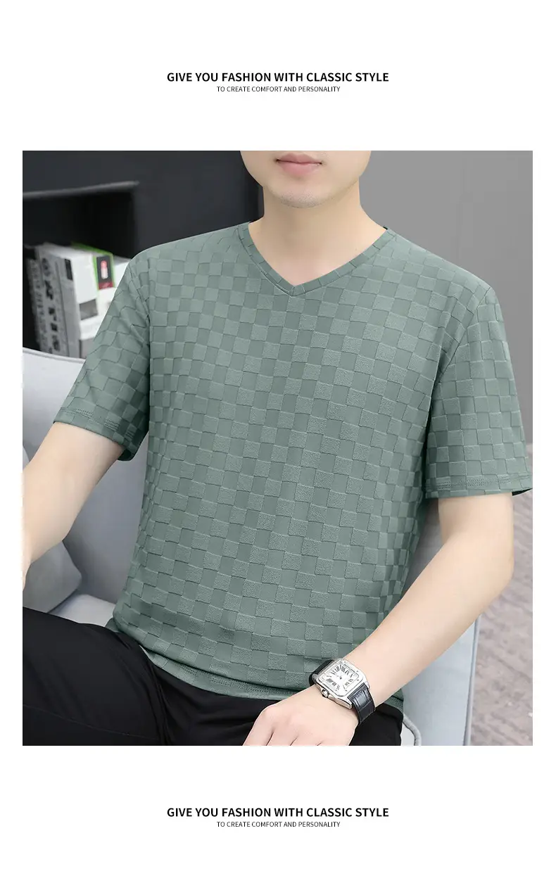 Men Ice Silk Checkerboard V-Neck T-Shirt Grey — feature 19