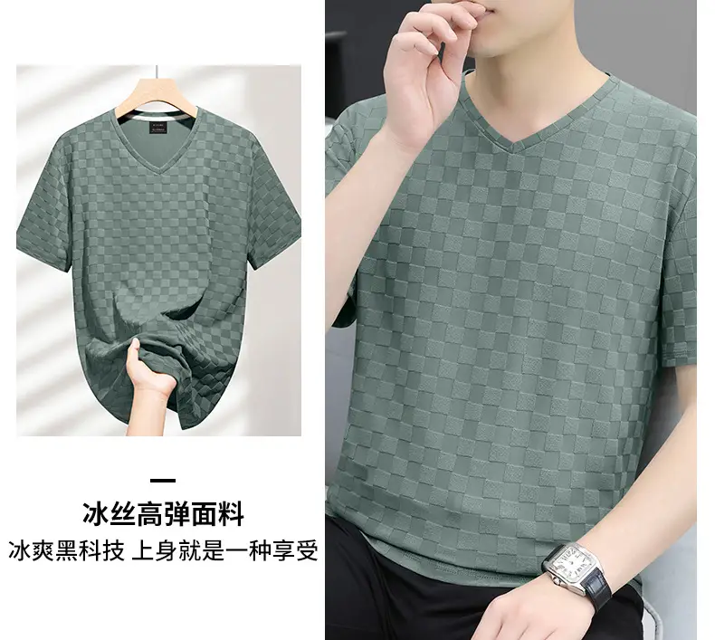 Men Ice Silk Checkerboard V-Neck T-Shirt Grey — feature 20