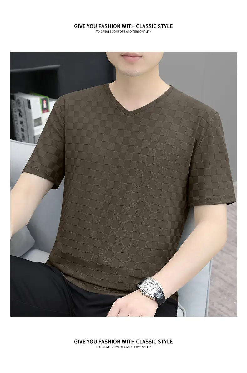Men Ice Silk Checkerboard V-Neck T-Shirt Grey — feature 21