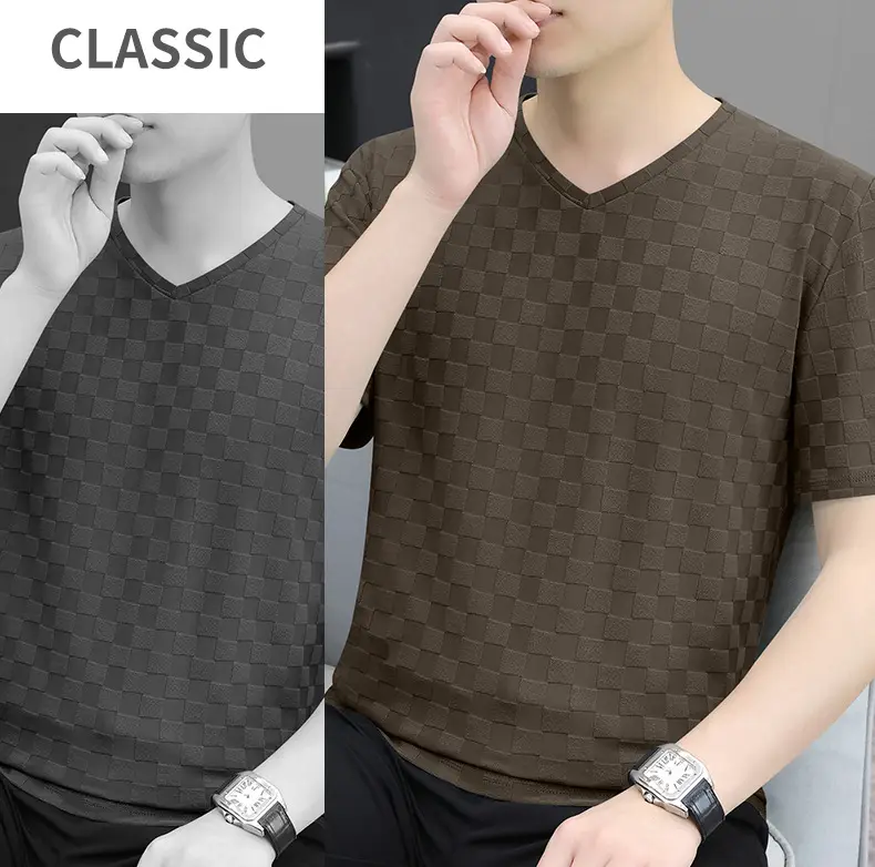 Men Ice Silk Checkerboard V-Neck T-Shirt Grey — feature 22