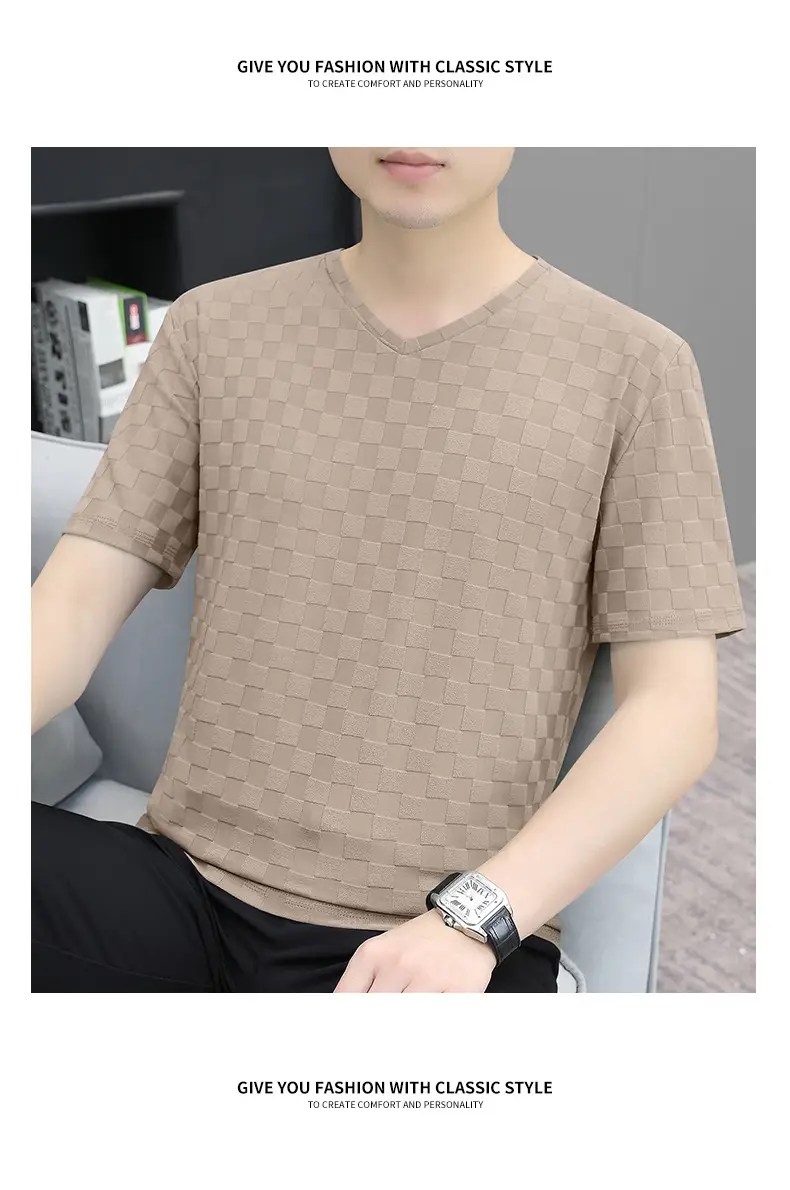 Men Ice Silk Checkerboard V-Neck T-Shirt Grey — feature 23